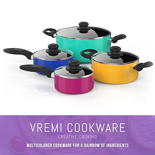 Vremi 15 Piece Nonstick Cookware Set - Durable Aluminum Pots and Pans with Cooking Utensils - Colorful Oven Safe and Multi Quart Enameled Saucepans Dutch Ovens and Fry Pans with Glass Lid