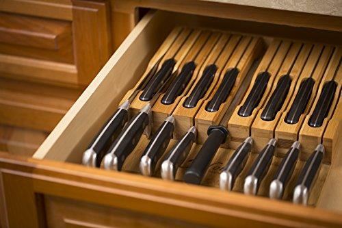 In-Drawer Bamboo Knife Block Holds 16 Knives (Not Included) Without Pointing Up PLUS a Slot for your Knife Sharpener! Noble Home & Chef Knife Organizer Made from Quality Moso Bamboo