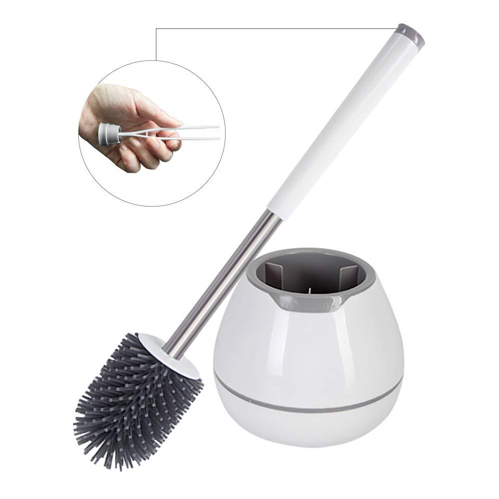 BOOMJOY Toilet Brush and Holder Set, Silicone & Antibacterial Bristles Bathroom Cleaning Bowl Brush Kit with Tweezers - White