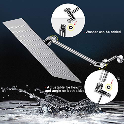 12 Inches Square Rain Showerhead with 11 Inches Adjustable Extension Arm,Large Stainless Steel High Pressure Shower Head,Ultra Thin Rainfall Bath Shower with Silicone Nozzle Easy to Clean and Install