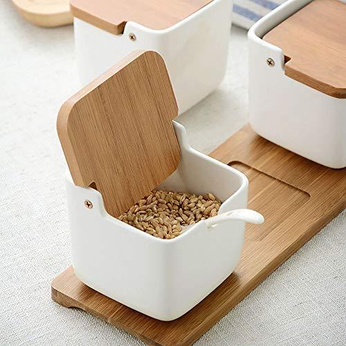 Ceramic Condiment Containers Spice Jars with spoon - Bamboo Spice Containers with Lids, Sugar Storage Container and Salt Seasoning Box for Kitchen and Home, White, 250ML (8.54OZ), Set of 3