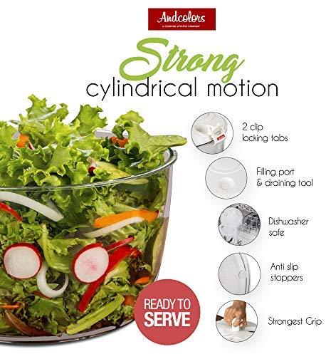 Andcolors Deluxe Salad Spinner Large 4.7 qt Size BPA Free Clips & Locking Tabs for Safety Dry & Drain Lettuce Easily for Crisper Salads in Half the Time Bowl Goes from Prep to Table (Large)