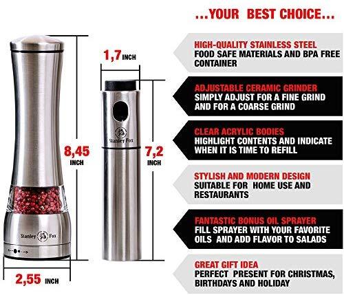 Premium Salt and Pepper Grinder Set of 3 - Oil Dispenser + Stainless Steel Salt Grinder and Pepper Mill– Salt and Pepper Shakers with Ceramic Rotor - Box by HOME EC