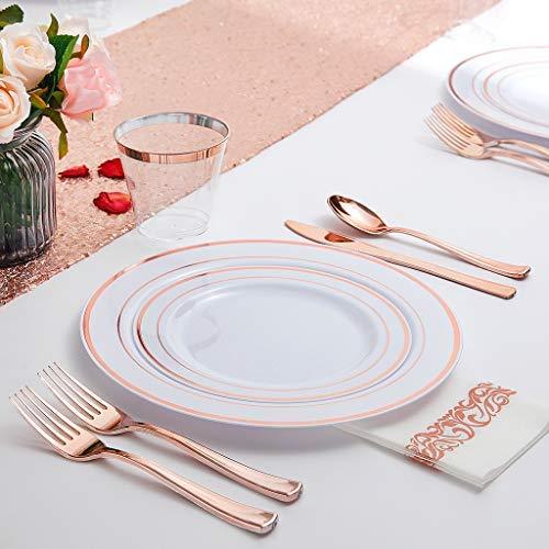 IOOOOO Gold Plates & Plastic Silverware & Gold Cups, Disposable Dinnerware 150 Pieces Includes: 25 Dinner Plates, 25 Dessert Plates, 25 Tumblers, 25 Forks, 25 Knives, 25 Spoons