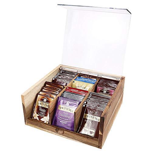 Bamboo Tea Bag Container, “GOOD TIME” Engraved Tea Box Organizer, Tea Bag Chest With Transparent Lid, 8 Compartments organizers and storage With Magnetic Closure By HTB