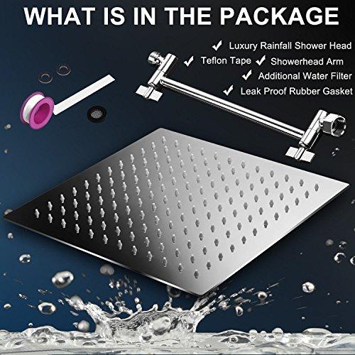 12 Inches Square Rain Showerhead with 11 Inches Adjustable Extension Arm,Large Stainless Steel High Pressure Shower Head,Ultra Thin Rainfall Bath Shower with Silicone Nozzle Easy to Clean and Install