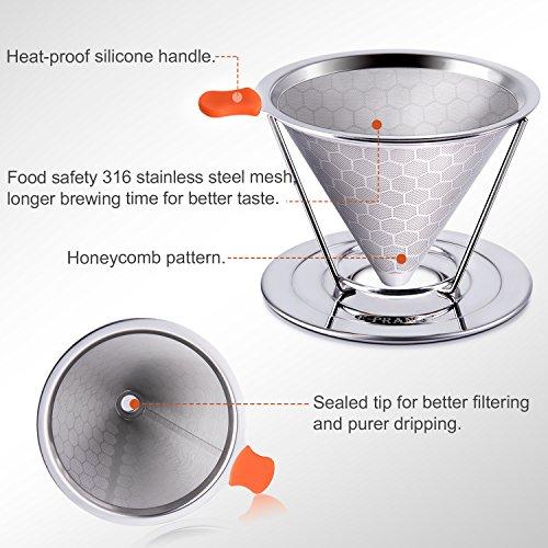 E-PRANCE Honeycombed Stainless Steel Coffee Filter, Reusable Pour Over Coffee Filter Cone Coffee Dripper with Removable Cup Stand and Bonus Brush(2nd Generation)