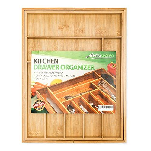 Bamboo Expandable Drawer Organizer, Premium Cutlery and Utensil Tray, 100% Pure Bamboo, Adjustable Kitchen Drawer Divider ... (7 Compartments Expandable)