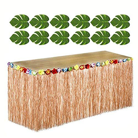 Adorox 12 pc Tropical Green Leaves included 1 Hawaiian Luau Hibiscus Brown Table Skirt (9 ft)