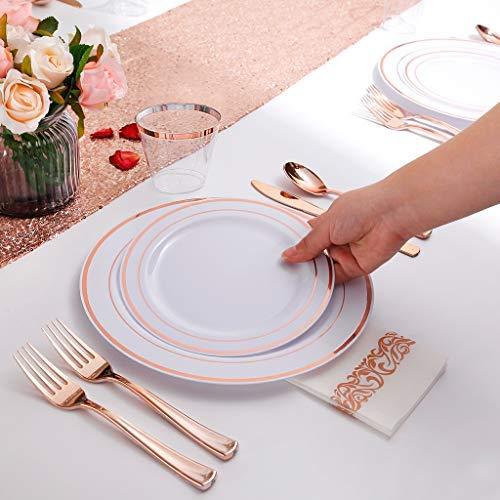 IOOOOO Gold Plates & Plastic Silverware & Gold Cups, Disposable Dinnerware 150 Pieces Includes: 25 Dinner Plates, 25 Dessert Plates, 25 Tumblers, 25 Forks, 25 Knives, 25 Spoons