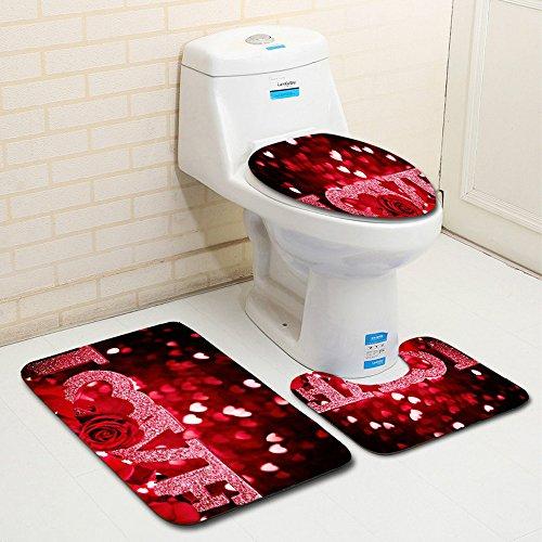 Digood Valentines Day Bath Carpets Combo, 3 Piece Sweet Heart Bathroom Mats Set Non-Slip Machine Washable Bathroom Rugs/Contour Mat/Toilet Cover (A)