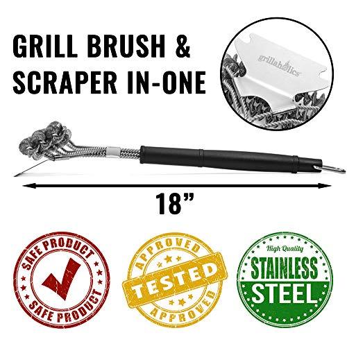 Grillaholics Grill Brush Bristle Free - Safe Grill Cleaning with No Wire Bristles - Professional Heavy Duty Stainless Steel Coils and Scraper - Lifetime Manufacturers Warranty