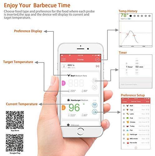 Bluetooth Meat Thermometer Wireless Digital BBQ Thermometer Instant Read Cooking Food Thermometer with 6 Probes Used for Smoker Kitchen Oven Grill Support iOS & Android by ThermoOne