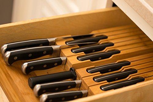 In-Drawer Bamboo Knife Block Holds 16 Knives (Not Included) Without Pointing Up PLUS a Slot for your Knife Sharpener! Noble Home & Chef Knife Organizer Made from Quality Moso Bamboo