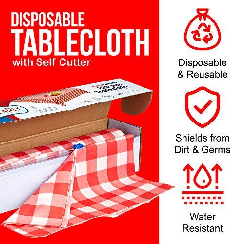 Red Gingham Plastic Tablecloth Roll With Cutter, 100' x 52" - Heavy Duty Party Table Cloth In Self Cutting Box - For Picnics, BBQs, and Birthday Parties - By Clearly Elegant
