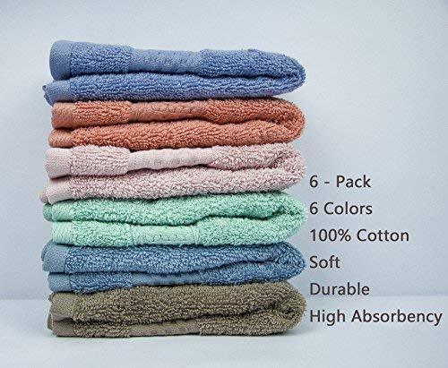 Cleanbear Face-Cloth Washcloths Set,100% Cotton, High Absorbent, 6-Pack 6 Colors, Size13 x13-deep Color