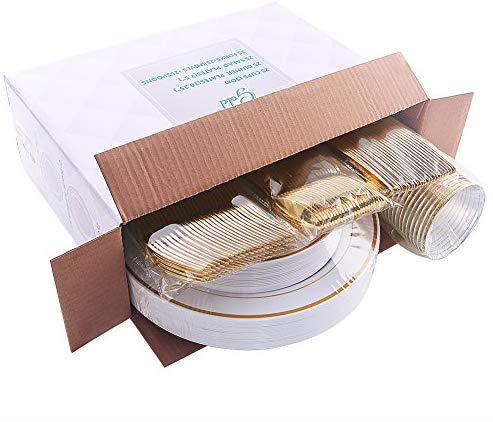 IOOOOO Gold Plates & Plastic Silverware & Gold Cups, Disposable Dinnerware 150 Pieces Includes: 25 Dinner Plates, 25 Dessert Plates, 25 Tumblers, 25 Forks, 25 Knives, 25 Spoons