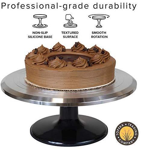 Topeka Trading Company Rotating Cake Decorating Turntable With Bonus Icing Spatula | 12" Diameter Aluminum Alloy Stand With Platform | Non-Slip Base & Smooth Rotation (Silver/Black)