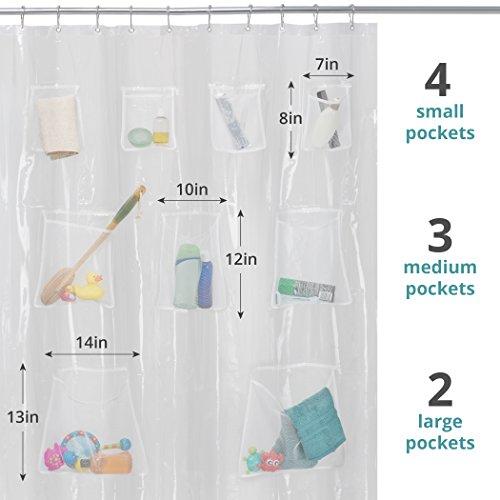 Maytex Quick Dry Mesh Pockets Waterproof PEVA Shower Curtain or Liner, Bath / Shower Organizer, Clear, 70 inches  x 72 inches