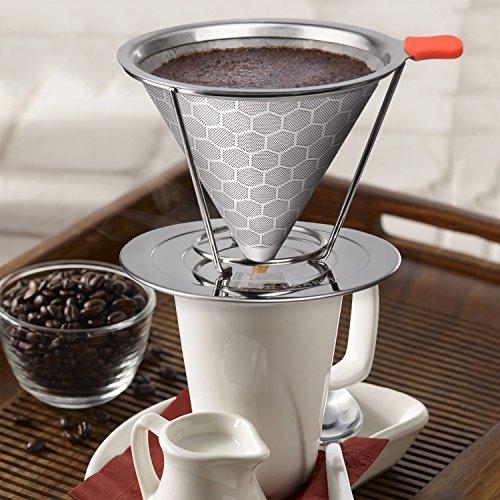 E-PRANCE Honeycombed Stainless Steel Coffee Filter, Reusable Pour Over Coffee Filter Cone Coffee Dripper with Removable Cup Stand and Bonus Brush(2nd Generation)