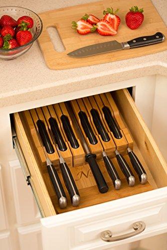 In-Drawer Bamboo Knife Block Holds 16 Knives (Not Included) Without Pointing Up PLUS a Slot for your Knife Sharpener! Noble Home & Chef Knife Organizer Made from Quality Moso Bamboo