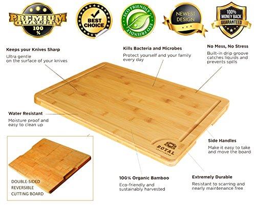 EXTRA LARGE Organic Bamboo Cutting Board with Juice Groove - Best Kitchen Chopping Board for Meat (Butcher Block) Cheese and Vegetables | Anti Microbial Heavy Duty Serving Tray w/Handles - 18 x 12