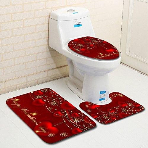 Digood Valentines Day Bath Carpets Combo, 3 Piece Sweet Heart Bathroom Mats Set Non-Slip Machine Washable Bathroom Rugs/Contour Mat/Toilet Cover (A)