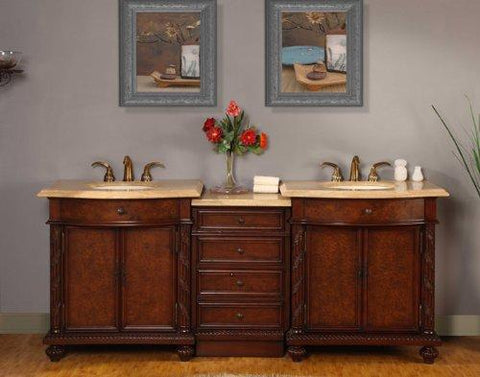 84" Bathroom Furniture LED Lighted Travertine Top Double Sink Vanity Cabinet 193TL