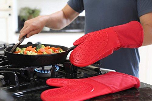 Extra Long Professional Silicone Oven Mitt - 1 Pair - Oven Mitts with Quilted Liner - Red - by The Triumphant Chef