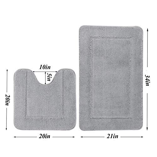 Pauwer Bath Rug Set 2 Piece Bathroom Contour Rug Combo Non Slip Microfiber Bath Shower Mat and U-Shaped Toilet Rug (21" x 34"+20"x 20", Grey and White)