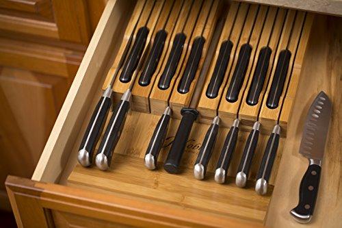 In-Drawer Bamboo Knife Block Holds 16 Knives (Not Included) Without Pointing Up PLUS a Slot for your Knife Sharpener! Noble Home & Chef Knife Organizer Made from Quality Moso Bamboo