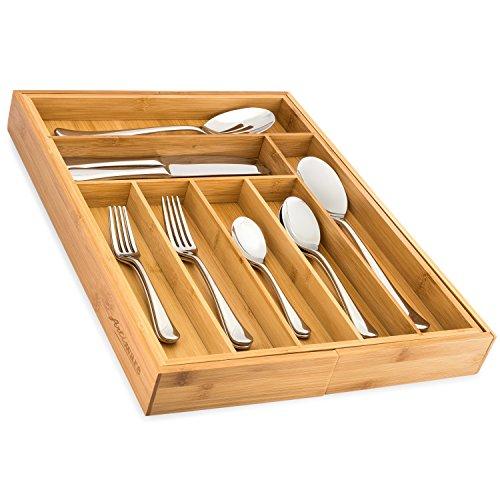 Bamboo Expandable Drawer Organizer, Premium Cutlery and Utensil Tray, 100% Pure Bamboo, Adjustable Kitchen Drawer Divider ... (7 Compartments Expandable)