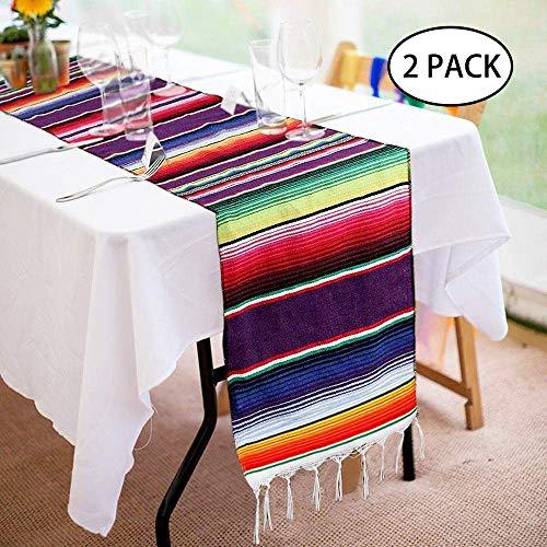 2 Pack Mexican Serape Table Runner 14 x 84 Inch for Mexican Party Wedding Decorations Outdoor Picnics Dining Table, Fringe Cotton Handwoven Table Runners