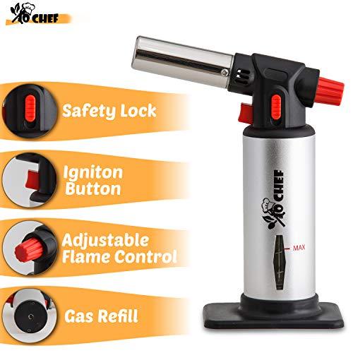 Jo Chef Kitchen Torch, Blow Torch - Refillable Butane Torch With Adjustable Flame - Culinary Torch, Creme Brûlée Torch For Cooking Food, Baking, BBQ & More + FREE Recipe eBook (With Fuel Gauge)