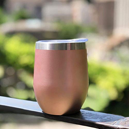 CHILLOUT LIFE Stainless Steel Stemless Wine Glass Tumbler 2 Pack Rose Gold 12 oz | Double Wall Vacuum Insulated Wine Tumbler with Lids and Straws Set of Two for Coffee, Wine, Cocktails, Ice Cream