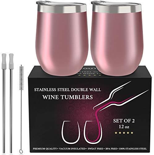 CHILLOUT LIFE Stainless Steel Stemless Wine Glass Tumbler 2 Pack Rose Gold 12 oz | Double Wall Vacuum Insulated Wine Tumbler with Lids and Straws Set of Two for Coffee, Wine, Cocktails, Ice Cream