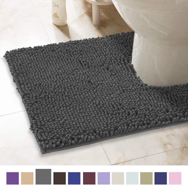 ITSOFT Non-Slip Shaggy Chenille Toilet Contour Bathroom Rug with Water Absorbent, Machine Washable, 21 x 24 Inch U-Shaped Charcoalgray