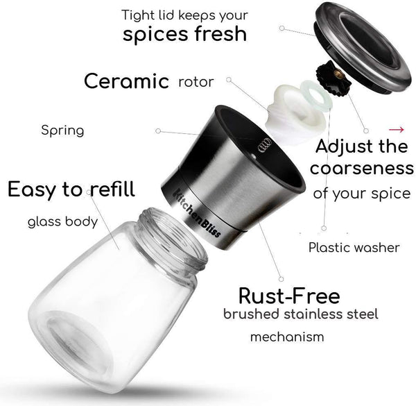 Professional Salt and Pepper Grinder Set – Premium Stainless Steel Salt and Pepper Shakers with Ceramic Spice Grinder Mill for Adjustable Coarseness by HOME EC