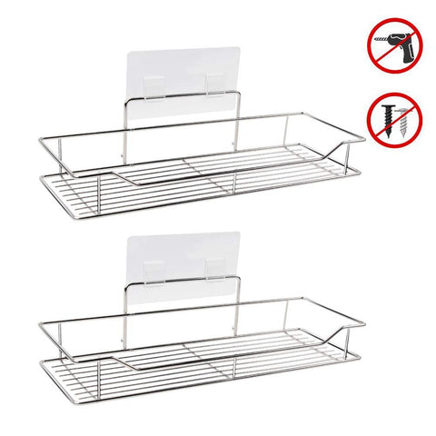 Adhesive Bathroom Shelf Organizer Shower Caddy Kitchen Storage Rack, Wall Mounted, No Drilling, SUS304 Stainless Steel-2 PACK