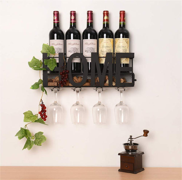 SODUKU Wall Mounted Metal Wine Rack 4 Long Stem Glass Holder & Wine Cork Storage