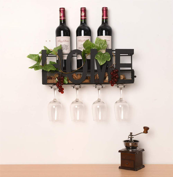 SODUKU Wall Mounted Metal Wine Rack 4 Long Stem Glass Holder & Wine Cork Storage