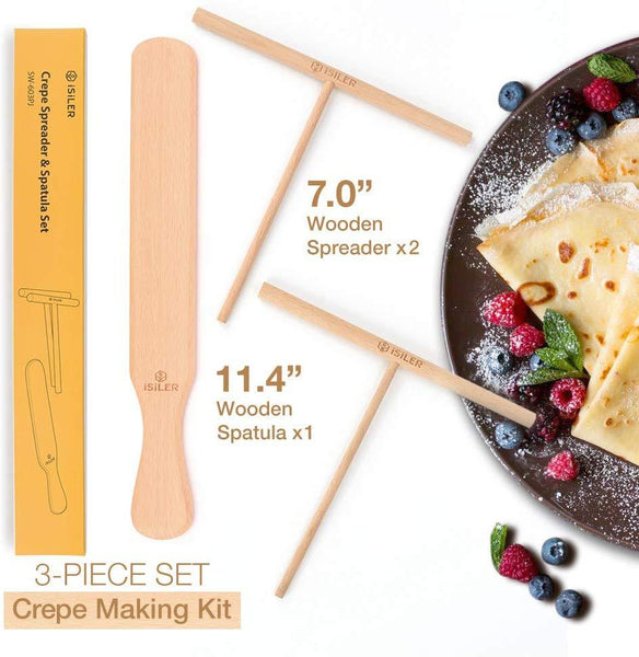 iSiLER Beechwood Crepe Spreader and Spatula Set, 2 Pieces 7 inches Crepe Spreaders, 1 Piece 11.4 inches Crepe Spatula