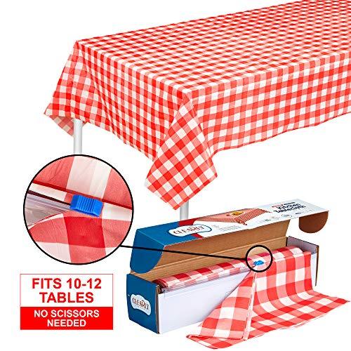 Red Gingham Plastic Tablecloth Roll With Cutter, 100' x 52" - Heavy Duty Party Table Cloth In Self Cutting Box - For Picnics, BBQs, and Birthday Parties - By Clearly Elegant