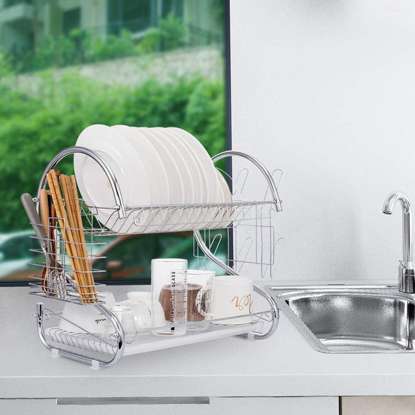 Dish Drying Rack, FIRECOW 2 Tier Dish Rack with Utensil Holder, Cutting Board Holder and Dish Drainer for Kitchen Counter Top, Plated Chrome Dish Dryer Silver 17.0 X 9.7 X 14.6 inch