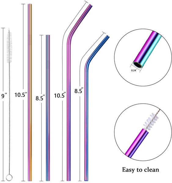 Multicolor Colorful Stainless Steel Straws,Set of 8 10.5" 8.5" Reusable Rainbow Multi-Colored Drinking Straws for 30/20oz Tumbler Cold Beverage,FDA-Approved Straws(4 Straight+4 Bent +2 Brushes+1 Bag)