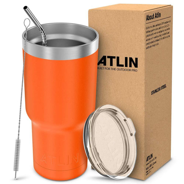 Atlin Tumbler [30 oz. Double Wall Stainless Steel Vacuum Insulation] Travel Mug [Crystal Clear Lid] Water Coffee Cup [Straw Included]For Home,Office,School - Works Great for Ice Drink, Hot Beverage