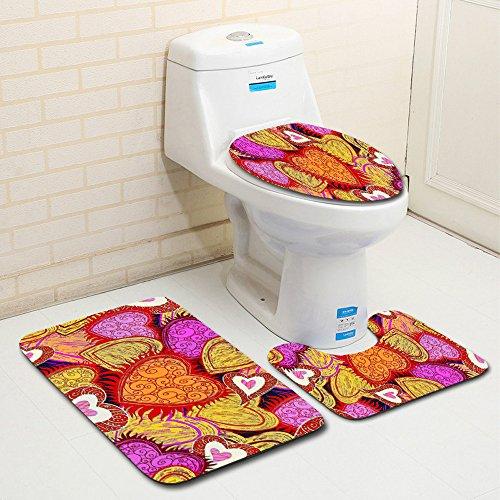 Digood Valentines Day Bath Carpets Combo, 3 Piece Sweet Heart Bathroom Mats Set Non-Slip Machine Washable Bathroom Rugs/Contour Mat/Toilet Cover (A)