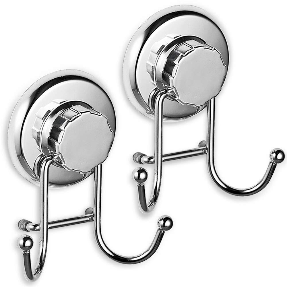 HASKO accessories - Powerful Vacuum Suction Cup Hook Holder - Organizer for Towel, Bathrobe and Loofah - Strong Stainless Steel Hooks for Bathroom & Kitchen, Towel Hanger Storage, Chrome (2 Pack)