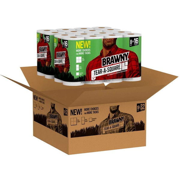 Brawny Tear-A-Square Paper Towels, 16 Rolls, 16 = 32 Regular Rolls, 3 Sheet Size Options, Quarter Size Sheets