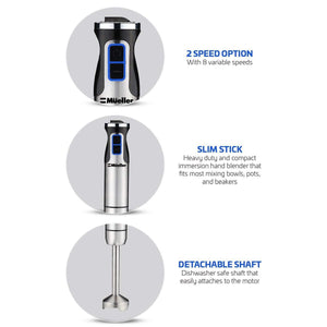 Mueller Austria 1 001 Ultra-Stick 500 Watt 9-Speed Immersion Multi-Purpose Hand Blender Heavy Duty Copper Motor Brushed Stainless Steel Finish Includes Whisk Attachment normal Silver